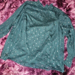 Lane Bryant Emerald Green Blouse Gold Accents Sheer Size 20